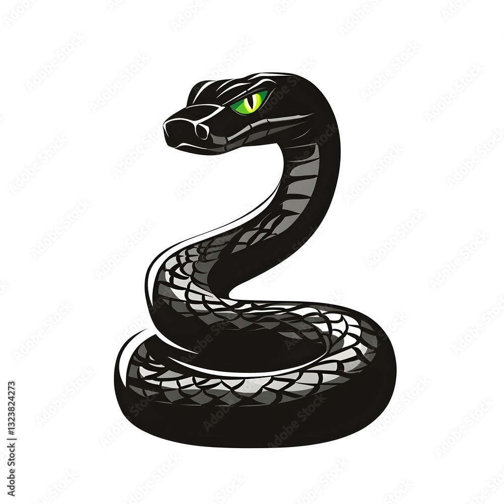 Fototapeta premium Serpentine Stare: A stylized illustration of a sleek, black serpent with piercing green eyes, coiling gracefully, exudes an air of mystery and subtle danger.