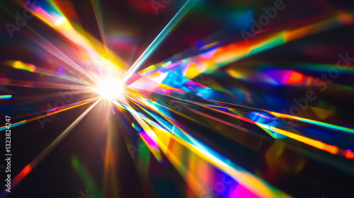 Blurred rainbow refraction overlay effect. Light lens prism effect on black background. Holographic reflection, crystal flare leak shadow overlay. Colorful rainbow disco ball light leaks texture
