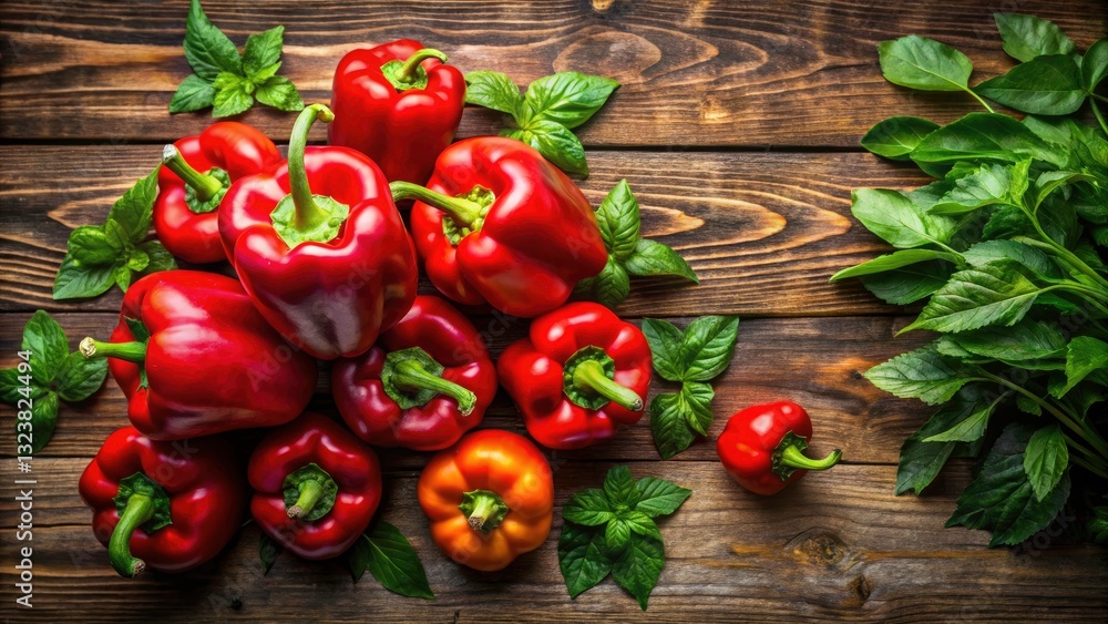 Double Exposure Red Bell Peppers Wooden Background Top View - Stock Photo Double Exposure Red Bell Peppers Wooden Background Top View - Stock Photo