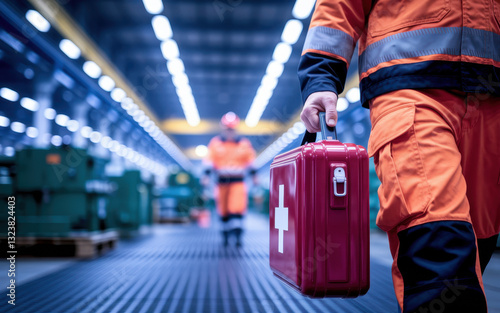 Safety-Focused Worker in High-Visibility Uniform Carrying a First Aid Kit in Industrial Setting