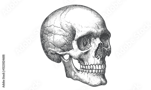 Skull illustration with detailed anatomy, vintage style, vector, linear icons set.