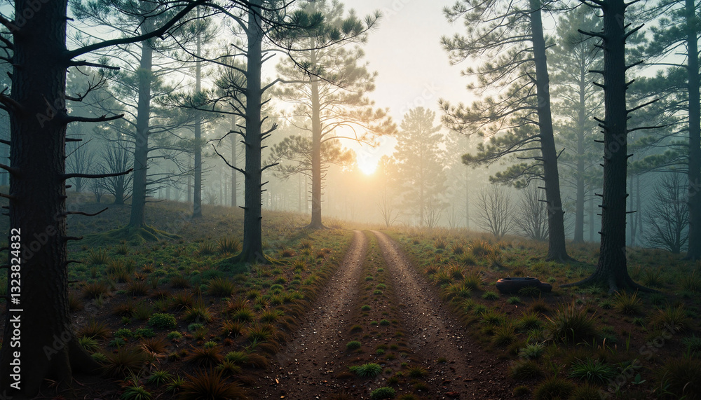 Fototapeta premium Misty forest path at dawn, nature's serene embrace