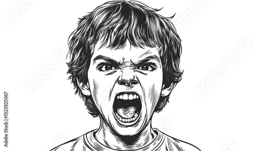 Angry child yelling in black and white, vector, linear icon set.