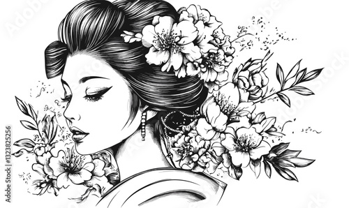 Geisha with floral hair accessories and blossoms in detailed flat icons set, vector.