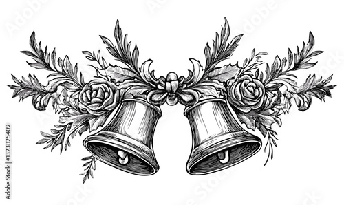 Ornate floral wedding bells with roses and leaves, vector, linear, icons set.