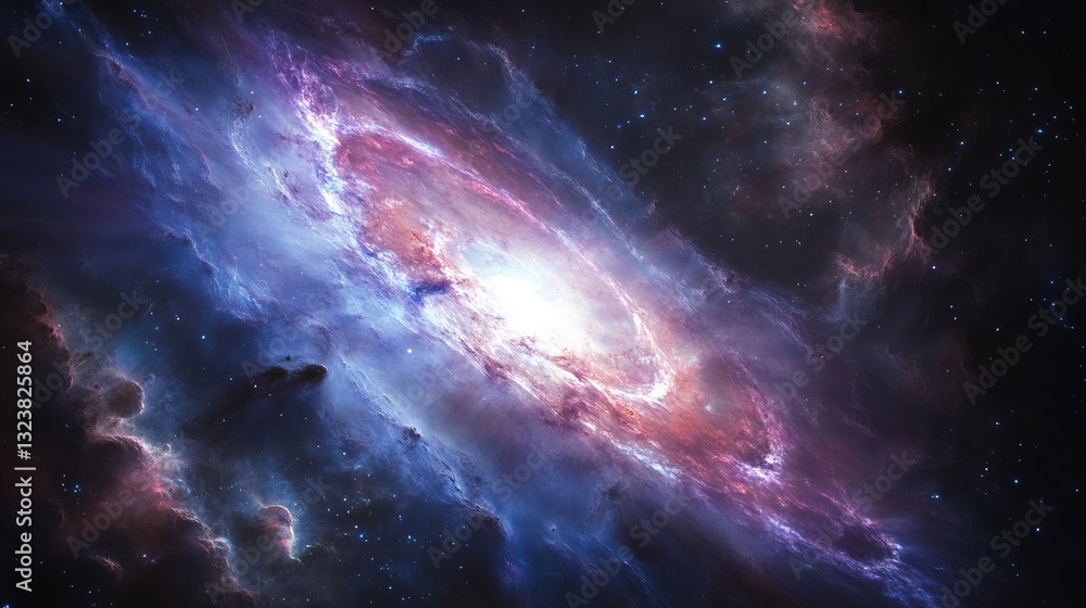 Fototapeta premium Distant blazar radiating intense light, surrounded by cosmic dust, a mysterious early universe phenomenon. 