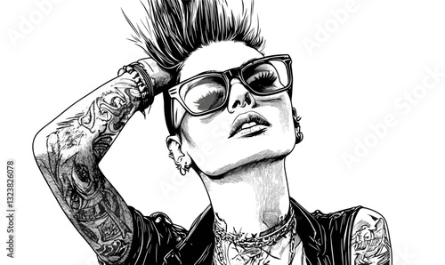 Punk style woman with tattoos and sunglasses, chic street fashion icons set, linear vector.