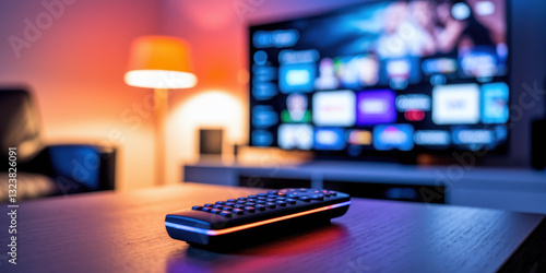 Cozy Living Room Scene Featuring Remote Control in Front of Brightly Lit Smart TV