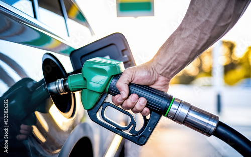 Man Refueling Car with Green Gas Pump at Sunset