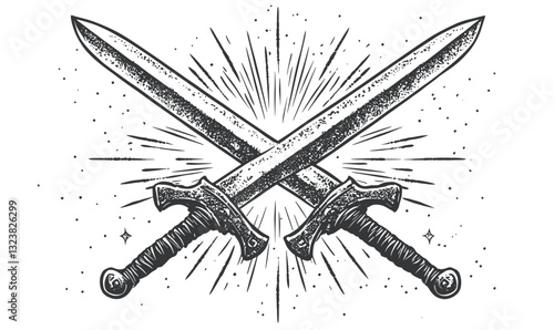 Crossed vintage swords with decorative handles and starburst - linear icons set vector.
