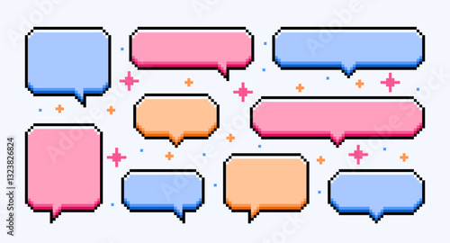 Colorful pixelated speech bubbles. Pixel art dialogue boxes in 8-bit style. Vector illustration