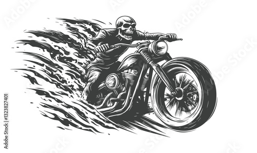 Skeleton rider on chopper motorcycle in motion, black and white art, flat icons set, vector.