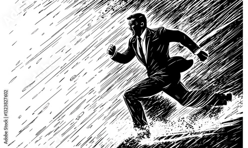 Businessman running through rainstorm, sketched vector, linear style, icons set.