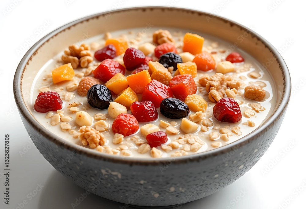 A Healthy Breakfast Bowl with Oats, Nuts, and Colorful Fruits in Milk A Healthy Breakfast Bowl with Oats, Nuts, and Colorful Fruits in Milk