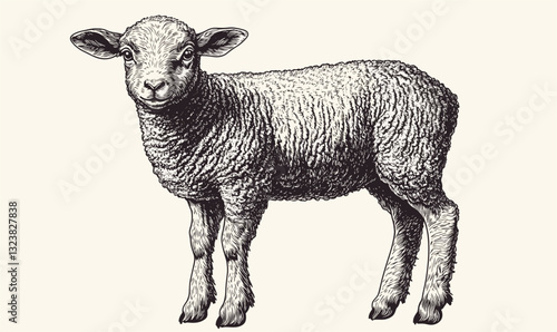 Realistic sheep icon set: detailed linear vector illustration of woolly lamb in farm animal icons.
