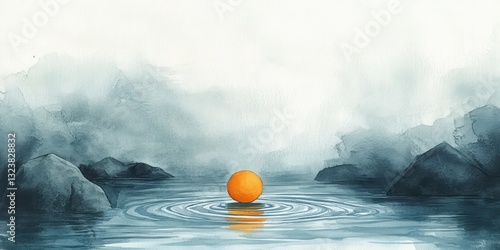  Serene Reflection: An orange sphere floating tranquilly upon water, surrounded by soft clouds and gentle ripples, conveying peace and balance