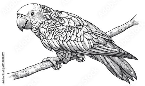 Parrot perched on branch - monochrome linear icons set - vector.