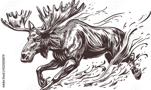 Dynamic running moose in nature scene, flat style, vector, icons set.
