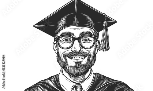 Graduate in cap and gown smiling - linear vector icons set.