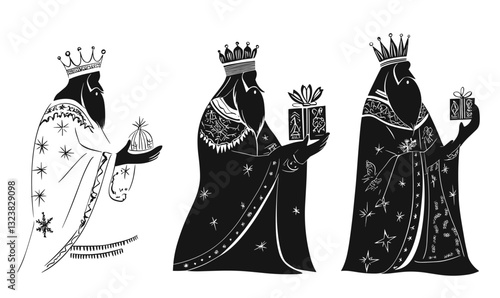 Three wise kings icon set, christmas magi, gifts, flat vector.