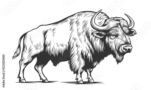 Majestic bison profile sketch in black and white, showcase of wildlife and nature, vector, linear icons set.