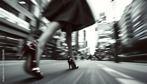 ファンタジーストーリー（モノクロームに刻まれた、一瞬のモノローグ—都会の街並みを颯爽と駆け抜ける女性）