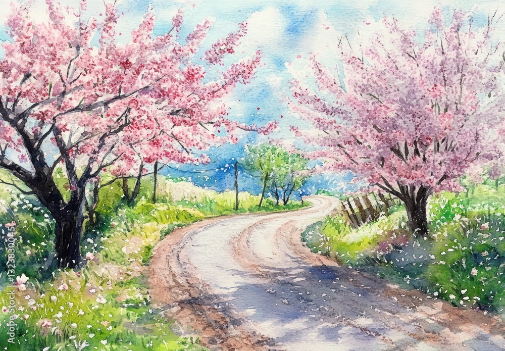 Fototapeta premium Cherry Blossom Road in Spring Countryside