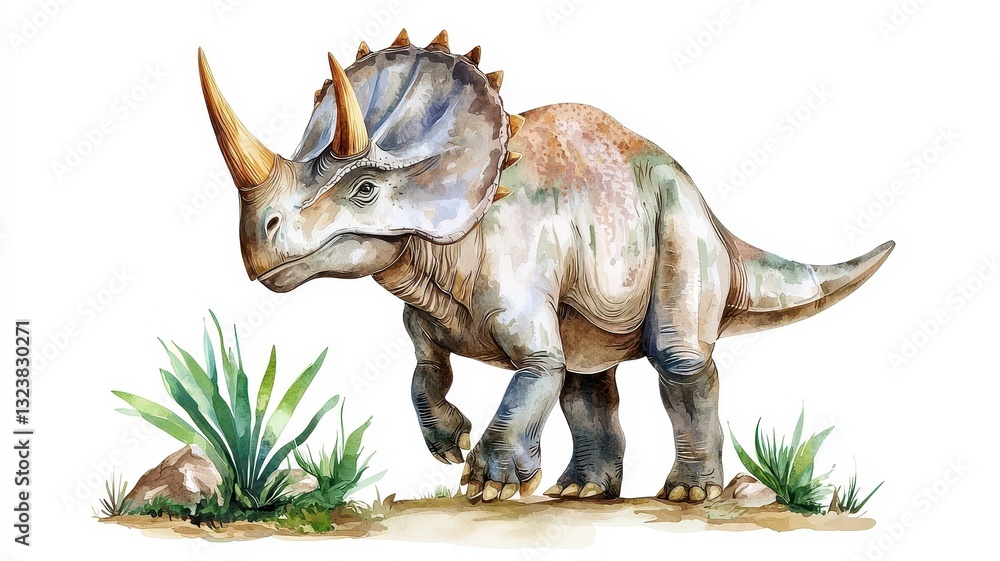 Fototapeta premium Watercolor Painting of a Triceratops Dinosaur in a Prehistoric Landscape