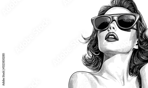 Fashionable woman wearing sunglasses, monochrome glamour, minimalist style, linear icons set, vector.