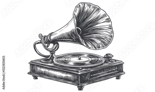 Vintage gramophone with horn and turntable, retro music player icons set, linear style, vector.