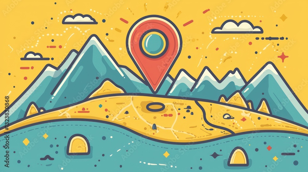 Naklejka premium Illustration of a location pin on mountain peaks, map and stylized landscape