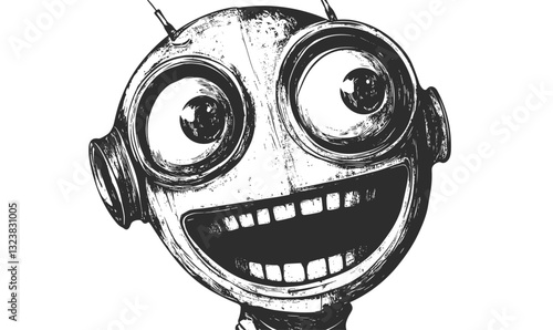 Smiling steampunk robot face with large eyes, monochrome artwork, vector, flat icons set.