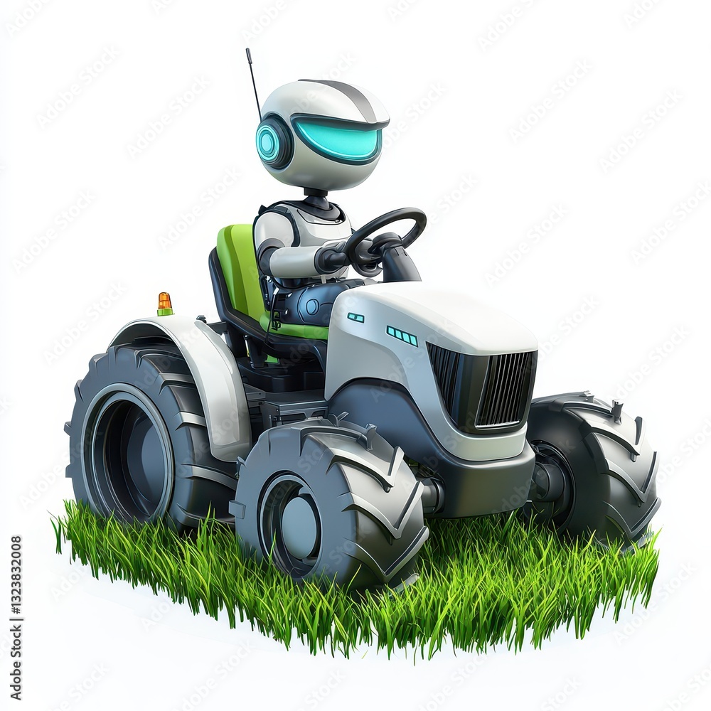 Robotic farmer driving a tiny eco-friendly tractor in a lush green field, isolated on clear white background Robotic farmer driving a tiny eco-friendly tractor in a lush green field, isolated on clear white background