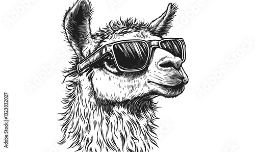 Cool llama wearing sunglasses illustration in linear style, animal icons set, vector.