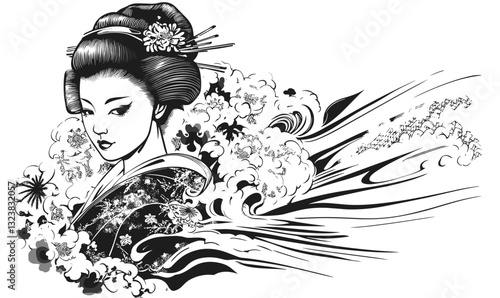 Traditional japanese woman with floral and wave patterns, geisha head, linear style, icons set, vector.