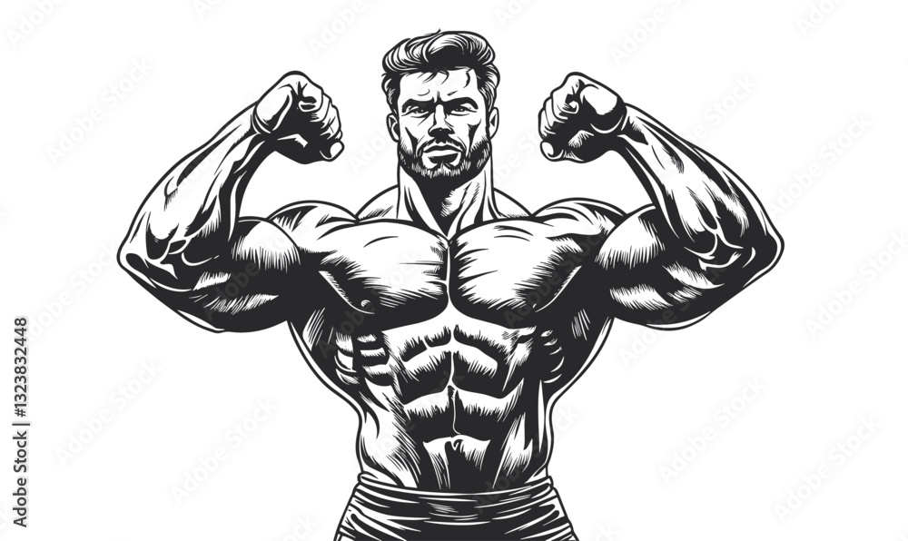 Fototapeta premium Muscular man flexing biceps illustrations, flat icons set, vector.