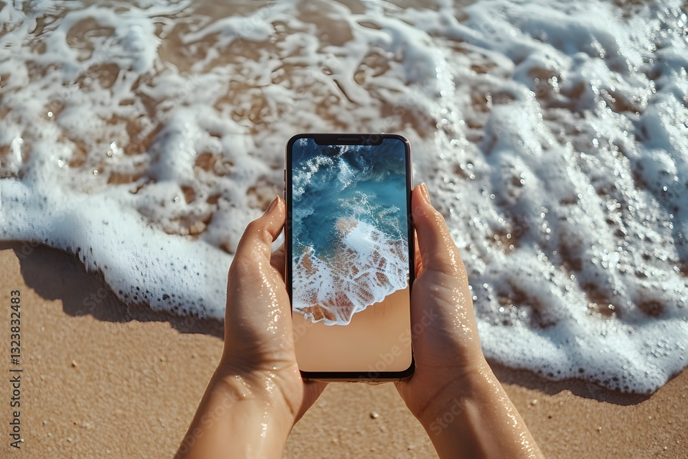 A smartphone with a blank screen in the hands of someone standing on a beach, their feet being splashed by waves, with sand visible beneath them, mock-up photography style A smartphone with a blank screen in the hands of someone standing on a beach, their feet being splashed by waves, with sand visible beneath them, mock-up photography style