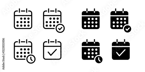 Calendar icon set. Schedule and event sign. Planner, reminder, and appointment symbol. Deadline, meeting, and marked date pictogram. Time management and notification illustration.