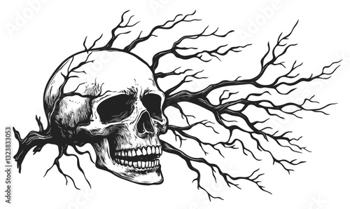 Skull with branches design, bone art, black and white flat icons set, vector.