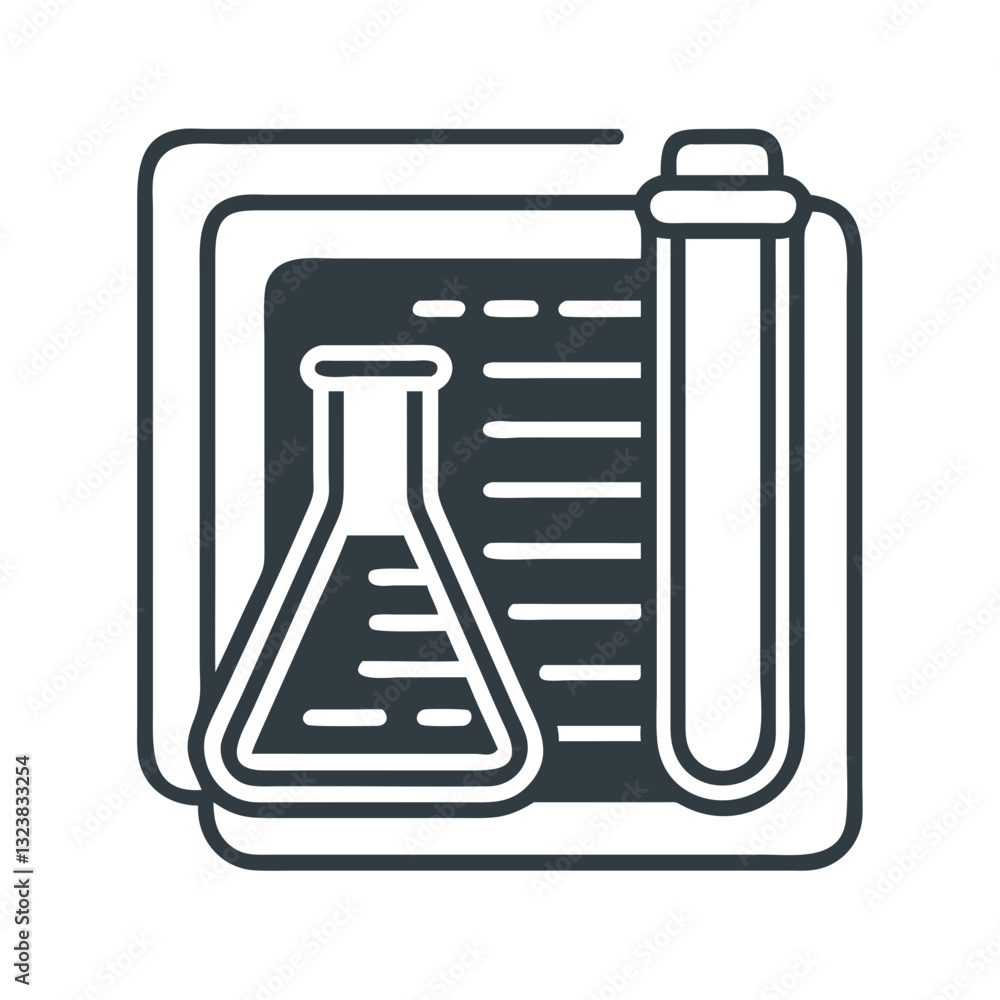 Laboratory flask with test tube and research paper icon Laboratory flask with test tube and research paper icon
