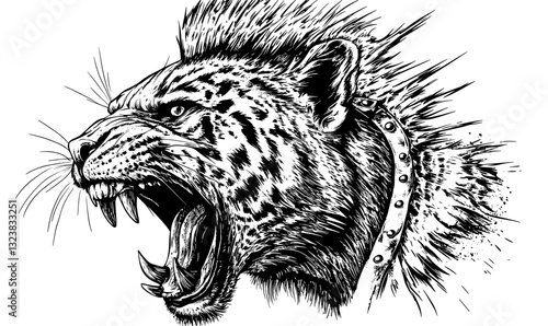 Fierce roaring tiger with spiked collar linear icons set, vector, flat.