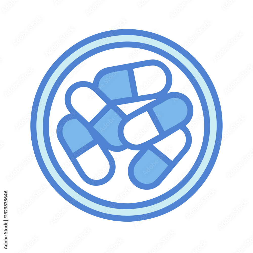 Blue circle filled with pills and capsules Blue circle filled with pills and capsules