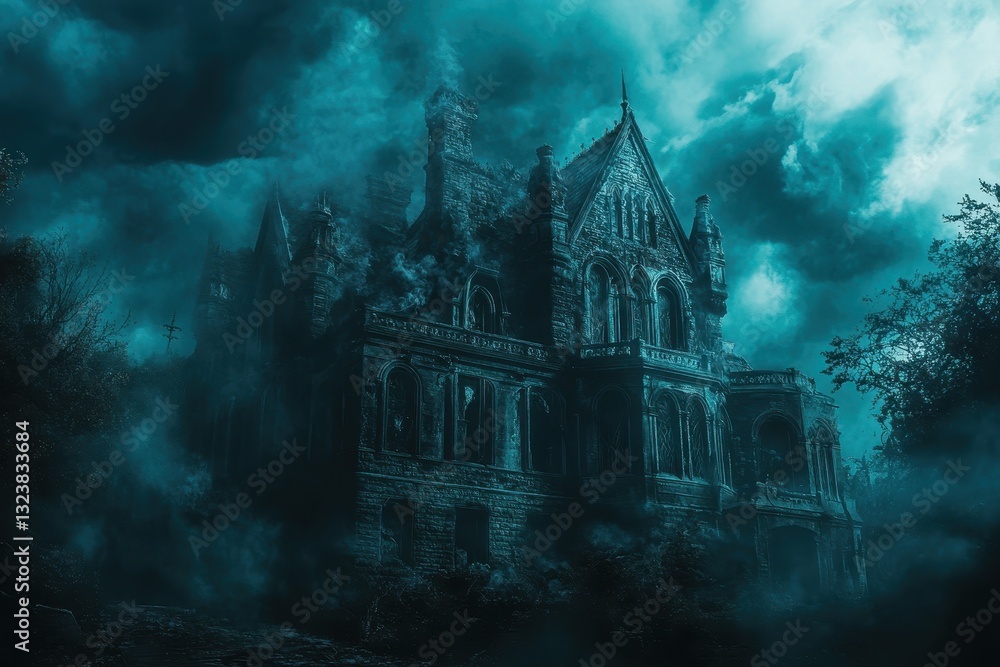 Obraz premium Mystical abandoned mansion shrouded in fog under a stormy sky at twilight