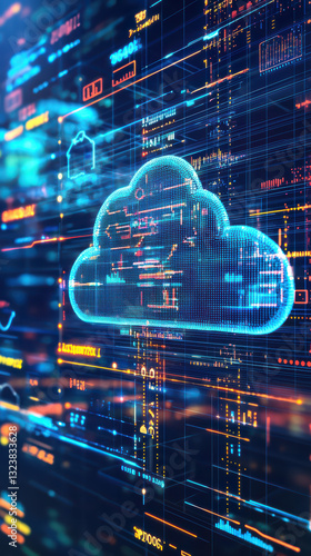 Cloud Computing and Data Security: A luminous cloud symbol, interwoven with a network of digital data streams and intricate circuitry.