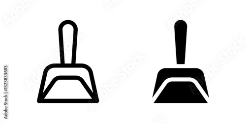 Dustpan icon set. Cleaning and sanitation sign. Housekeeping, hygiene, and dirt removal symbol. Floor care, maintenance, and organization pictogram. Domestic and workplace cleaning illustration.