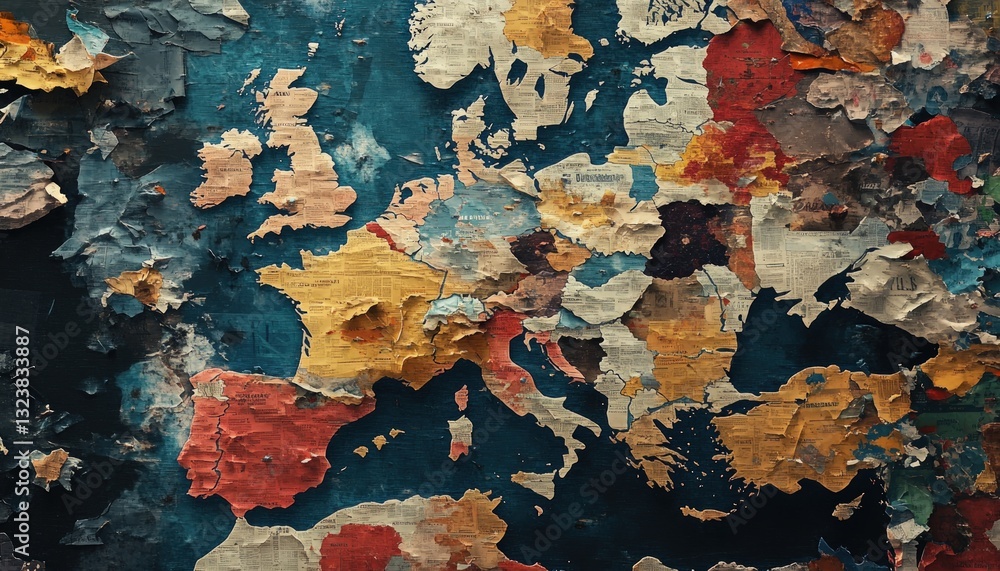Obraz premium Detailed map of Europe with torn paper effect showing geographical regions in vibrant colors against a dark background