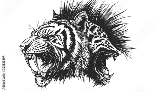 Roaring tiger and lion hybrid heads in monochrome detail, vector, linear, icons set.
