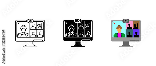 Video icon set. Conference, online, and meeting sign. Virtual call, business, and communication symbol. Webinar, telecommunication, and digital pictogram.