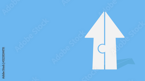 Two white half arrows join together to form a single arrow pointing upwards. Arrow formed by two puzzle pieces.