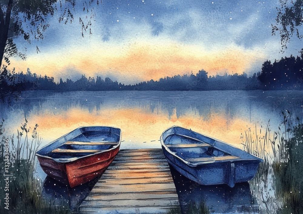 Obraz premium Serene Watercolor Painting of Two Small Boats at Twilight on a Calm Lake with Gentle Reflections and Starry Sky